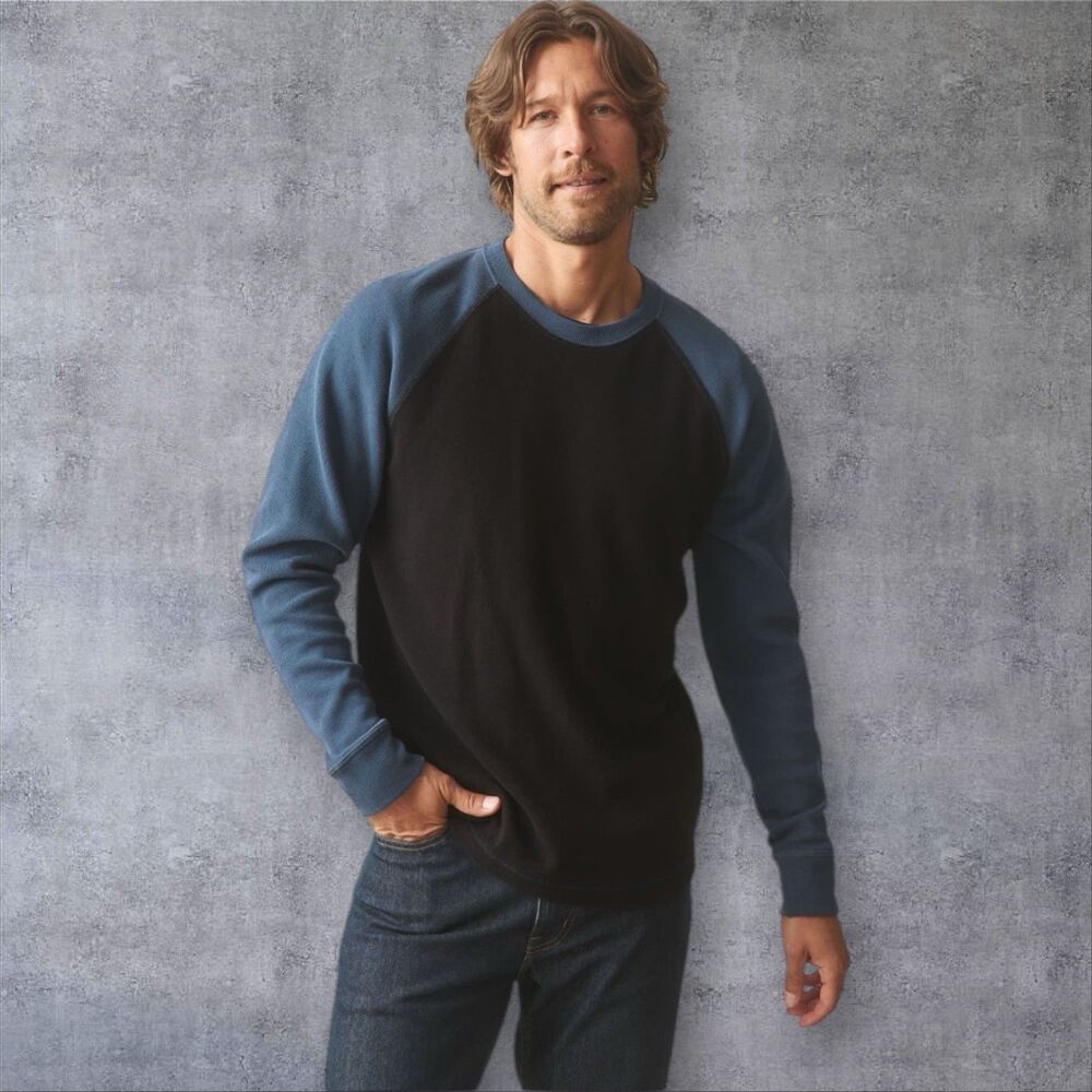 American Giant Sweater Mens M Blue Black French Rib Raglan Colorblock Sweatshirt